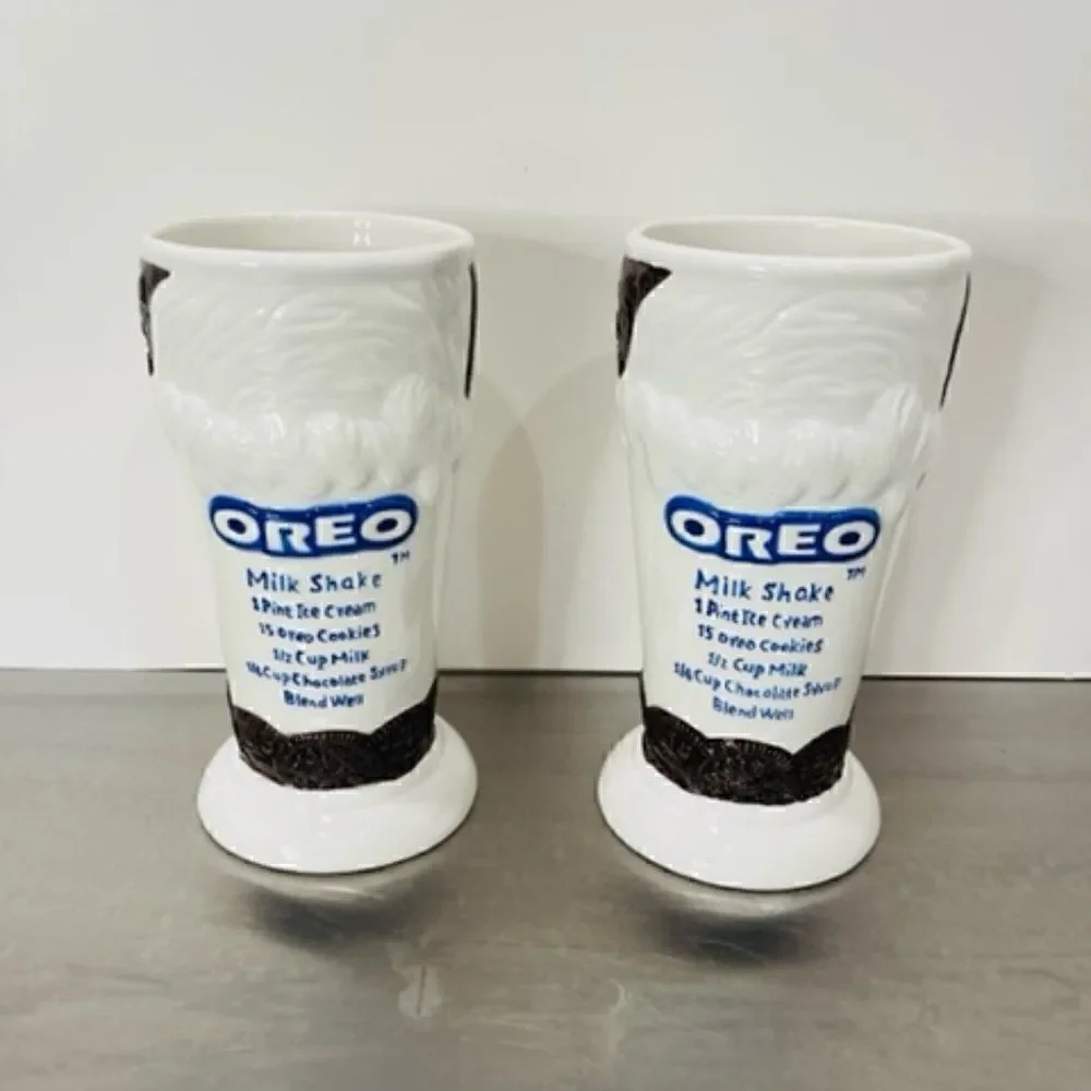 2 Oreo Cookie Milkshake Ceramic Glasses with Recipe by Houston Harvest 6.75
